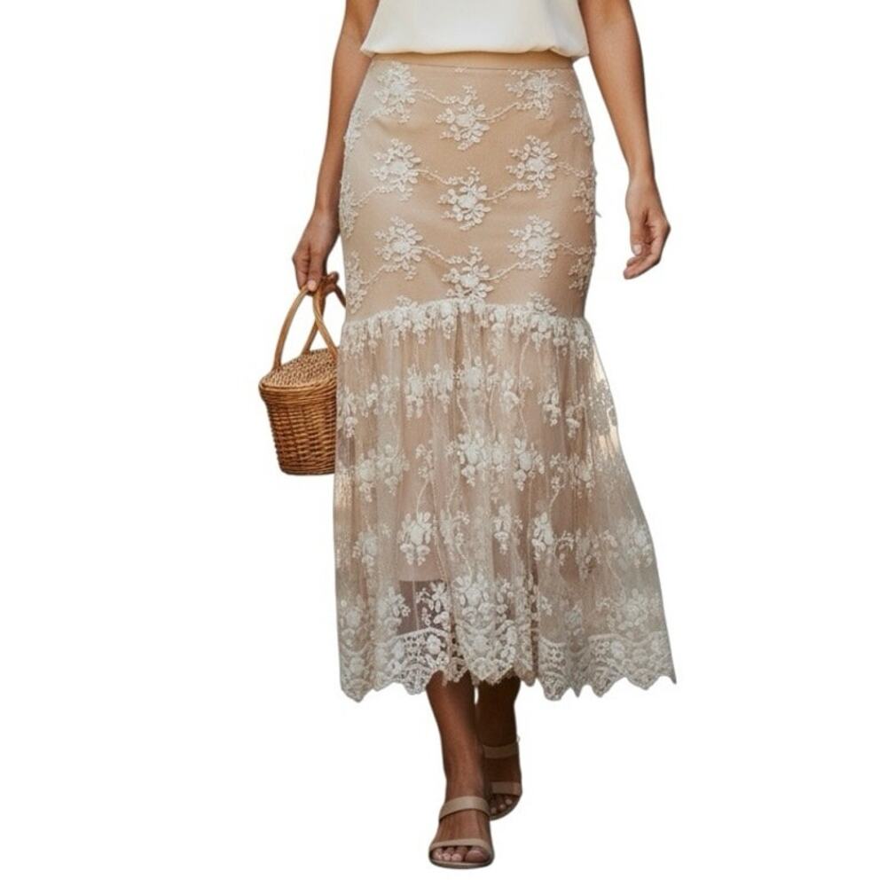 Beige Lace Tiered Maxi Skirt - Women's